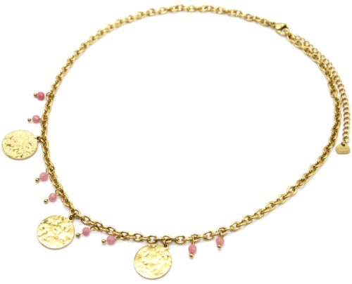 Collier-Chaine-Maillons-avec-3-Medailles-Martelees-Acier-Dore-et-Pierres-Roses