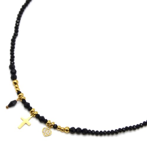 Collier-Pierres-Noires-Billes-avec-Fermoir-Cercle-et-Barre-Acier-Dore