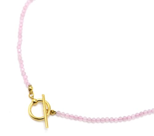 Collier-Pierres-Roses-avec-Fermoir-Cercle-et-Barre-Acier-Dore