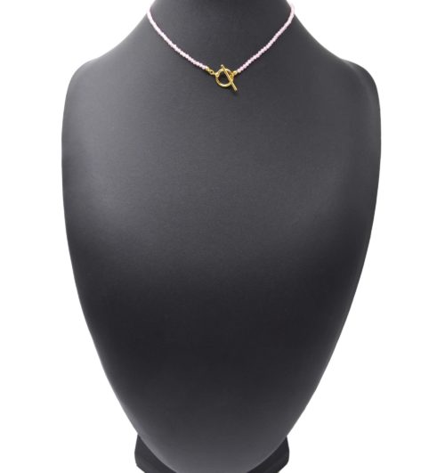 Collier-Pierres-Roses-avec-Fermoir-Cercle-et-Barre-Acier-Dore