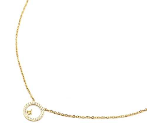 Collier-Fine-Chaine-Pendentif-Cercle-Contour-Strass-et-Etoile-Acier-Dore