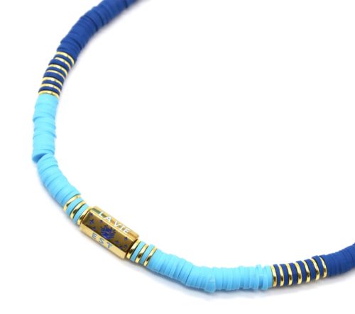 Collier-Perles-Degrade-Bleu-avec-Tube-La-Vie-Est-Belle-Acier-Dore