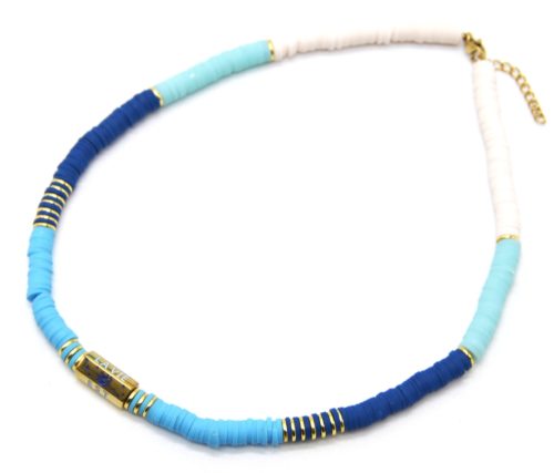 Collier-Perles-Degrade-Bleu-avec-Tube-La-Vie-Est-Belle-Acier-Dore