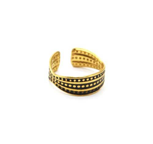 Bague-Anneau-3-Rangs-Email-Noir-Motif-Points-Acier-Dore