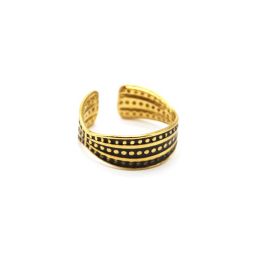 Bague-Anneau-3-Rangs-Email-Noir-Motif-Points-Acier-Dore