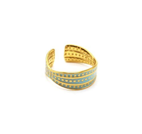 Bague-Anneau-3-Rangs-Email-Bleu-Motif-Points-Acier-Dore