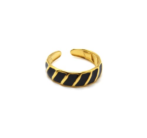 Bague-Anneau-Email-Noir-Motif-Zebre-Acier-Dore