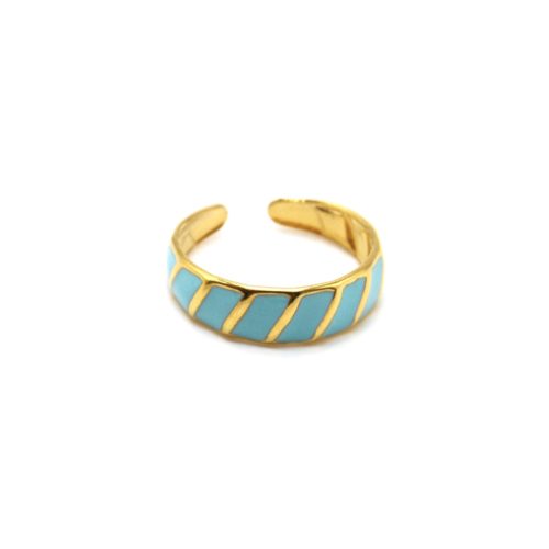 Bague-Anneau-Email-Bleu-Motif-Zebre-Acier-Dore