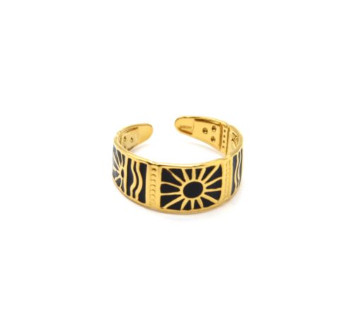 Bague-Anneau-Email-Noir-Motif-Soleils-Acier-Dore