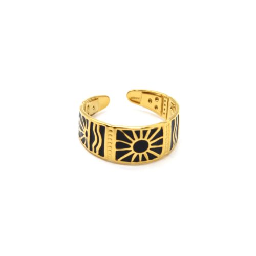 Bague-Anneau-Email-Noir-Motif-Soleils-Acier-Dore