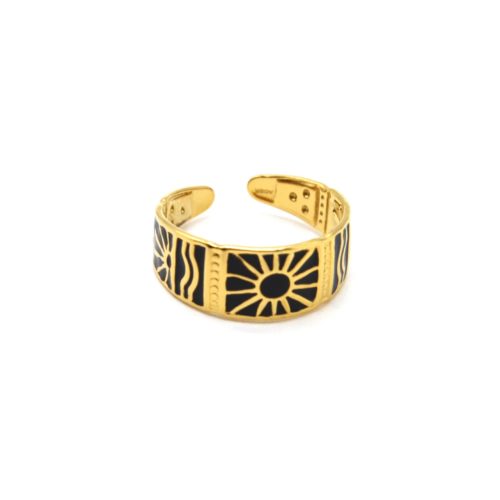 Bague-Anneau-Email-Noir-Motif-Soleils-Acier-Dore