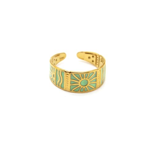 Bague-Anneau-Email-Vert-Motif-Soleils-Acier-Dore