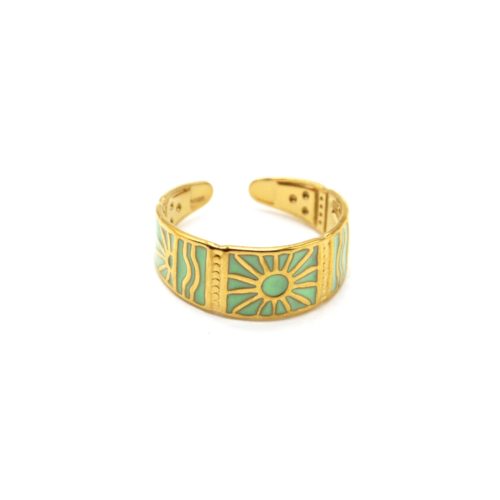 Bague-Anneau-Email-Vert-Motif-Soleils-Acier-Dore