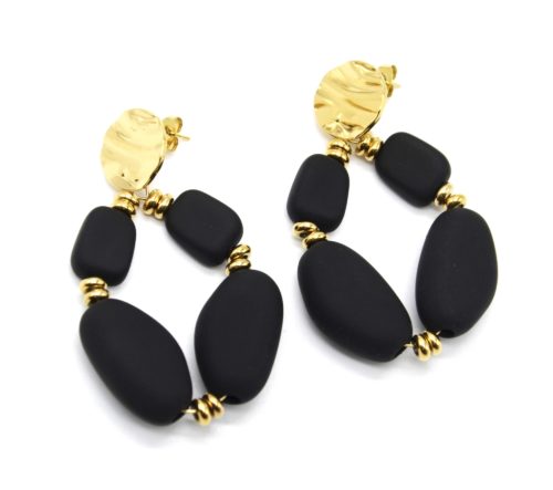 Boucles-dOreilles-Medaille-Acier-Dore-et-Goutte-Perles-Noir-Mat