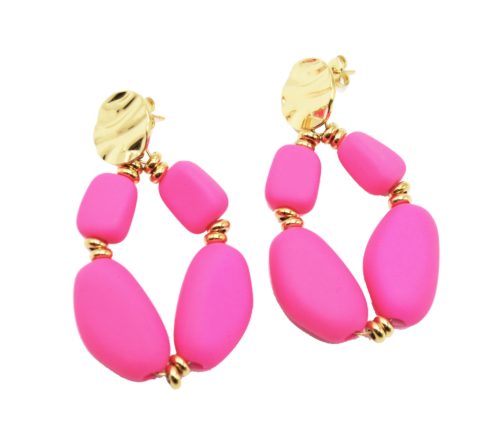 Boucles-dOreilles-Medaille-Acier-Dore-et-Goutte-Perles-Gomme-Rose-Fluo