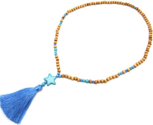 Sautoir-Collier-Perles-Bois-et-Effet-Marbre-avec-Pierre-Etoile-et-Pompon-Bleu