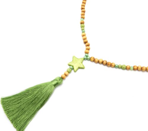 Sautoir-Collier-Perles-Bois-et-Effet-Marbre-avec-Pierre-Etoile-et-Pompon-Vert