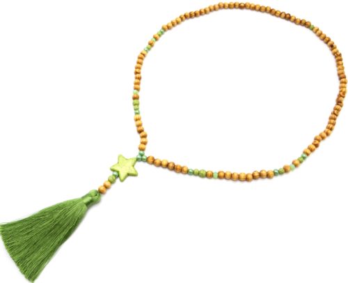 Sautoir-Collier-Perles-Bois-et-Effet-Marbre-avec-Pierre-Etoile-et-Pompon-Vert