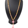 Sautoir-Collier-Perles-Bois-et-Effet-Marbre-avec-Pierre-Etoile-et-Pompon-Rose