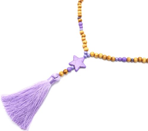 Sautoir-Collier-Perles-Bois-et-Effet-Marbre-avec-Pierre-Etoile-et-Pompon-Lilas