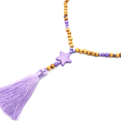 Sautoir-Collier-Perles-Bois-et-Effet-Marbre-avec-Pierre-Etoile-et-Pompon-Lilas