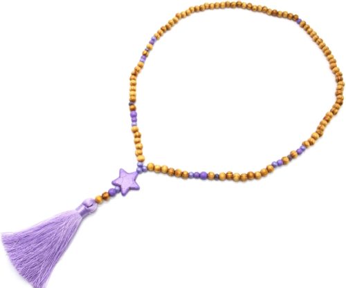 Sautoir-Collier-Perles-Bois-et-Effet-Marbre-avec-Pierre-Etoile-et-Pompon-Lilas