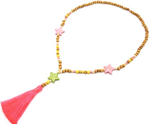 Sautoir-Collier-Perles-Bois-et-Effet-Marbre-avec-Triple-Etoiles-Pierre-et-Pompon-Rose-Fluo