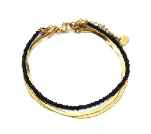 Bracelet-Double-Chaines-Serpent-Acier-Dore-et-Perles-Noires