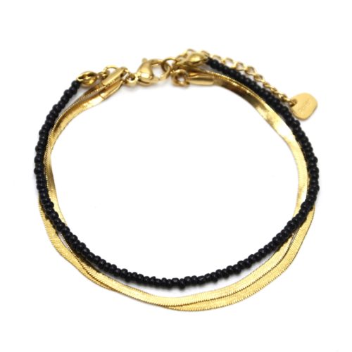 Bracelet-Double-Chaines-Serpent-Acier-Dore-et-Perles-Noires