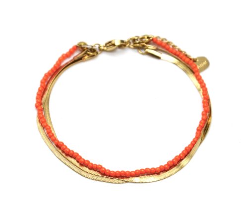 Bracelet-Double-Chaines-Serpent-Acier-Dore-et-Perles-Oranges