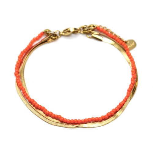 Bracelet-Double-Chaines-Serpent-Acier-Dore-et-Perles-Oranges