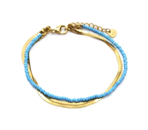 Bracelet-Double-Chaines-Serpent-Acier-Dore-et-Perles-Turquoises