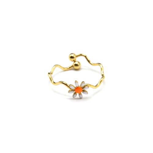 Bague-Anneau-Zigzag-Acier-Dore-et-Marguerite-Email-Blanc-Orange