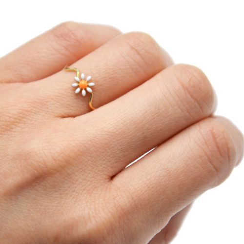 Bague-Anneau-Zigzag-Acier-Dore-et-Marguerite-Email-Blanc-Orange