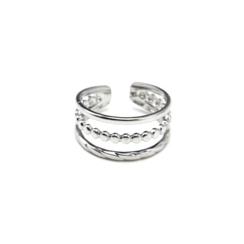 Bague-3-Rangs-Anneaux-Simple-Billes-et-Torsade-Acier-Argente