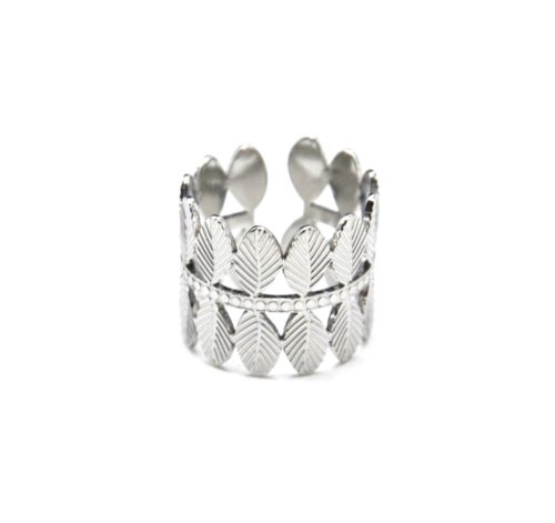 Bague-Large-Couronne-de-Feuilles-Acier-Argente