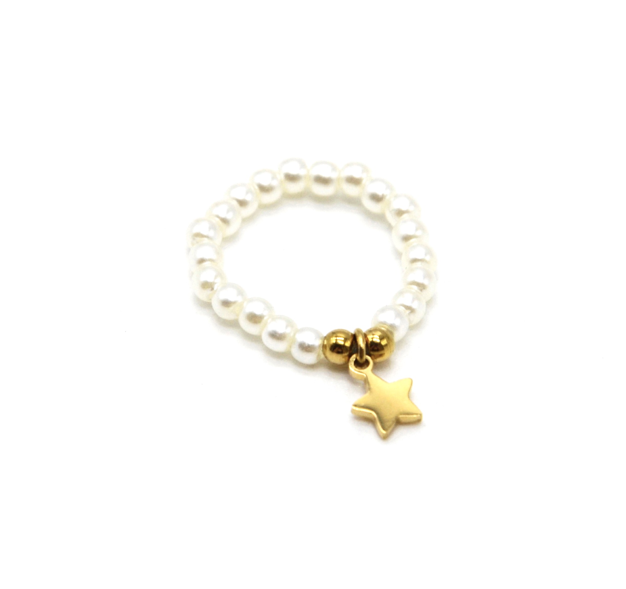 BG1804 - Bague Elastique Perles Ecru avec Billes et Pampille Etoile Acier  Doré - Oh My Shop