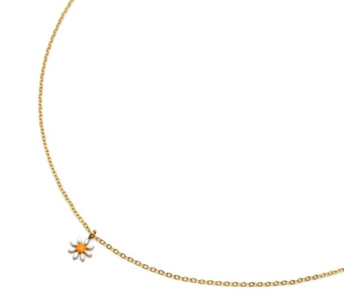 Collier-Fine-Chaine-Acier-Dore-Pendentif-Marguerite-Email-Blanc-Orange