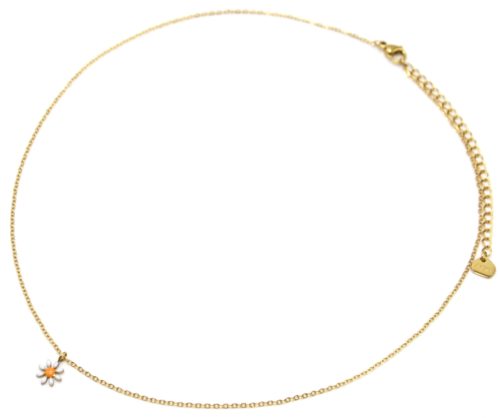 Collier-Fine-Chaine-Acier-Dore-Pendentif-Marguerite-Email-Blanc-Orange