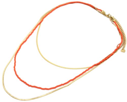 Collier-Double-Chaines-Serpent-Acier-Dore-et-Perles-Oranges