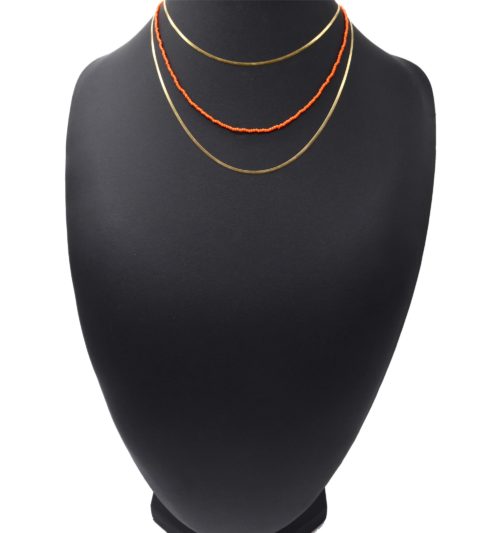 Collier-Double-Chaines-Serpent-Acier-Dore-et-Perles-Oranges