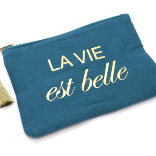 Trousse-Pochette-Coton-Bleu-Canard-Message-La-Vie-Est-Belle-Pompon-Dore