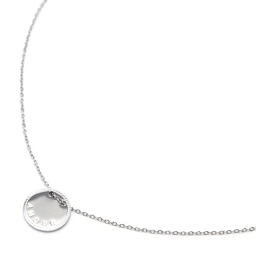 Collier-Fine-Chaine-Pendentif-Medaille-Gravee-Amour-Acier-Argente