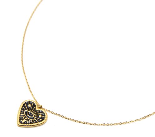 Collier-Pendentif-Coeur-Email-Noir-Motifs-Oeil-Rayons-et-Love-Acier-Dore