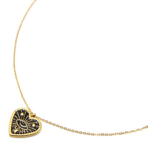 Collier-Pendentif-Coeur-Email-Noir-Motifs-Oeil-Rayons-et-Love-Acier-Dore