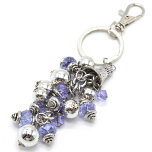 Porte-Cles-Bijou-de-Sac-Grappe-de-Perles-Bleu-Violet-et-Billes-Metal-Argente