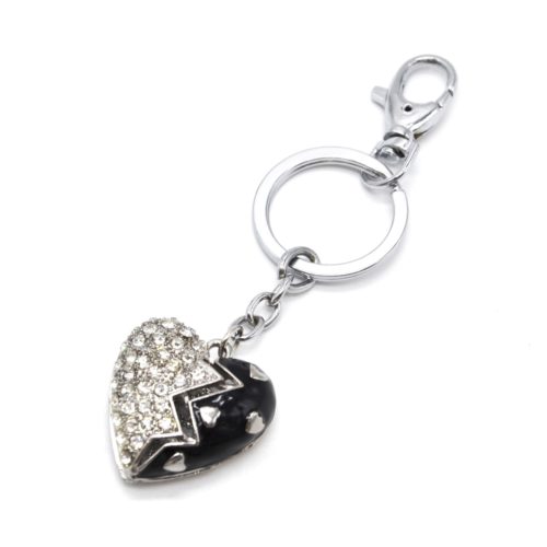 Porte-Cles-Bijou-de-Sac-Coeur-Email-Noir-Metal-Argente-et-Strass