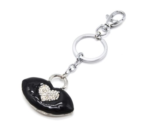 Porte-Cles-Bijou-de-Sac-Sac-Ovale-Email-Noir-Metal-Argente-et-Coeur-Strass