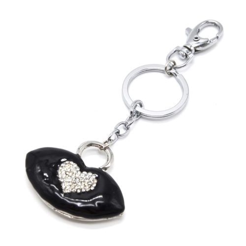 Porte-Cles-Bijou-de-Sac-Sac-Ovale-Email-Noir-Metal-Argente-et-Coeur-Strass