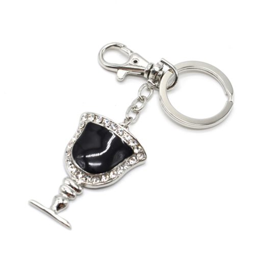 Porte-Cles-Bijou-de-Sac-Coupe-Email-Noir-Metal-Argente-et-Strass